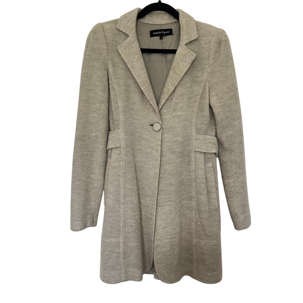 Nanette Lepore (6) Taupe Metallic Silver Coatigan Tie Waist Overcoat Cardigan